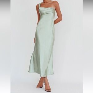 Satin Sage Green One Shoulder Sash Maxi Dress